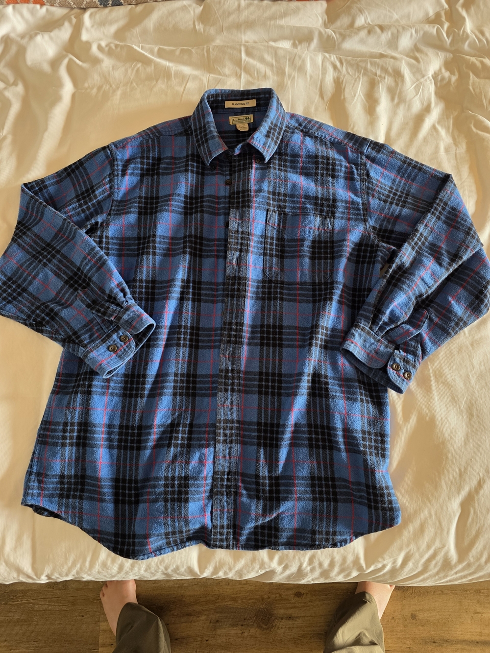 L.L. Bean Blue and Black Plaid Flannel Button-Down Shirt